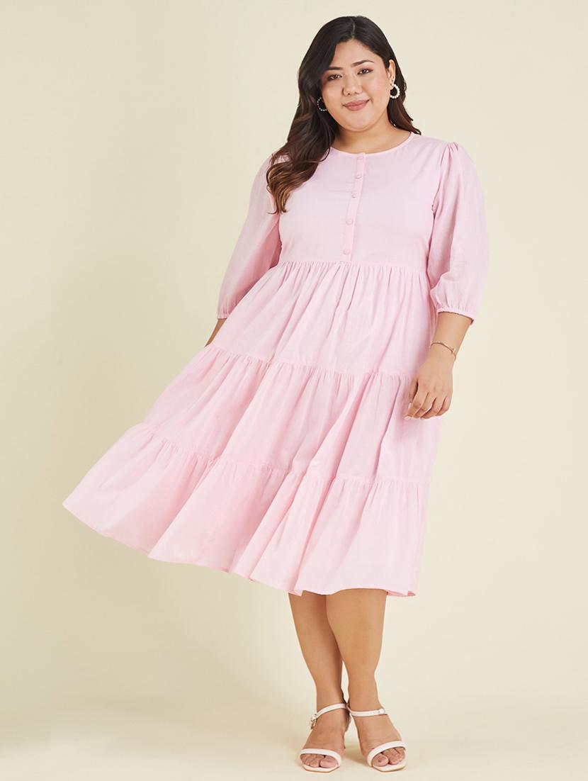 women plus size solid puff sleeve tiered dress - 22002356 - Standard Image - 1