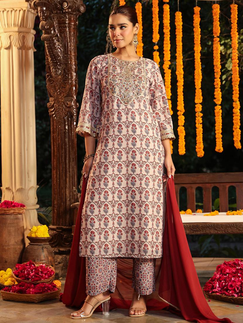 women printed three quarter sleeve kurta palazzo with dupatta set - 22002359 - Standard Image - 1