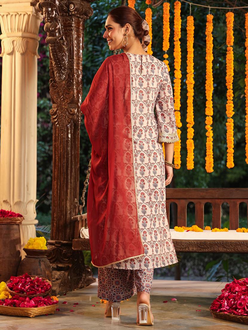 women printed three quarter sleeve kurta palazzo with dupatta set - 22002359 - Standard Image - 4