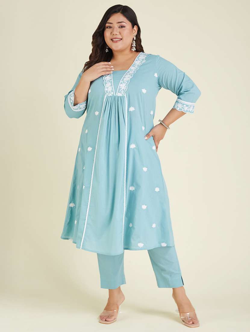 women plus size embroidered three quarter sleeve kurta pant set - 22002363 -  Standard Image - 1