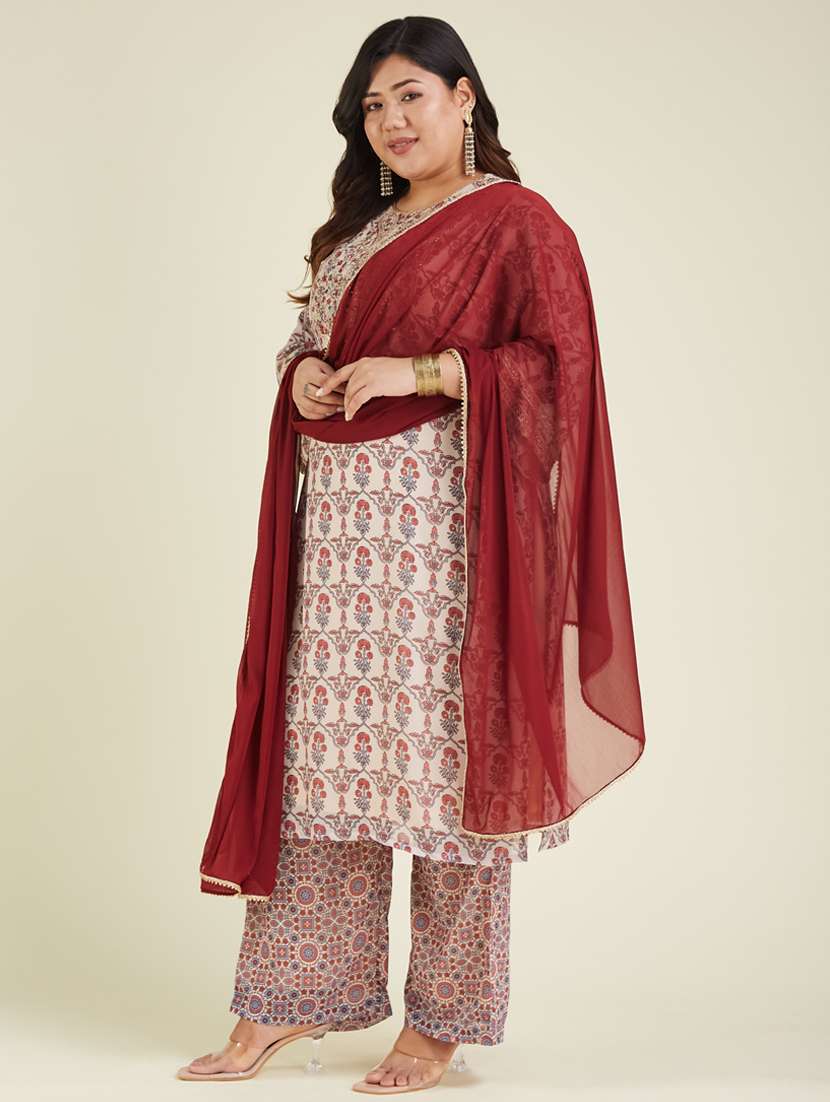 women plus size printed three quarter sleeve kurta pant with dupatta set - 22002370 - Standard Image - 1