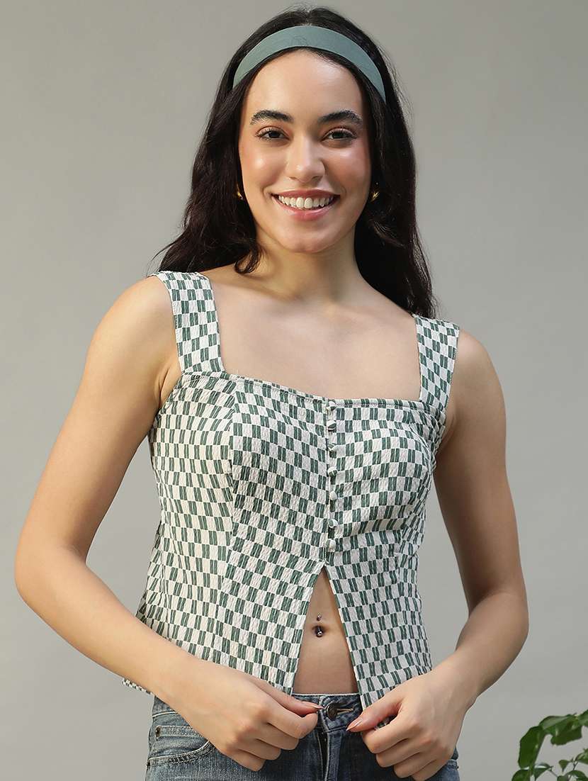 women checkered sleeveless regular top