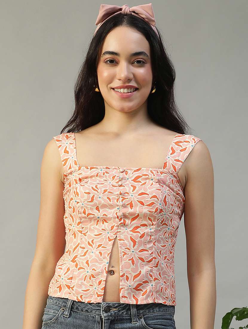 women peach printed sleeveless regular top