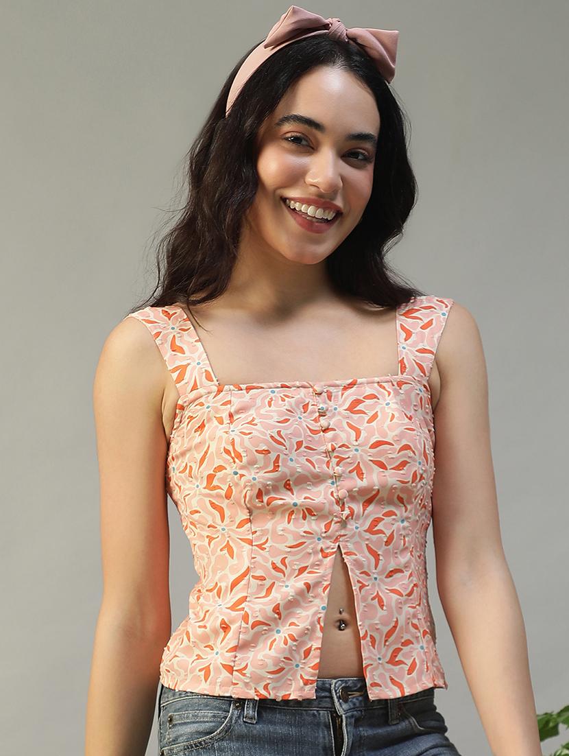 women peach printed sleeveless regular top - 22002379 -  Standard Image - 1