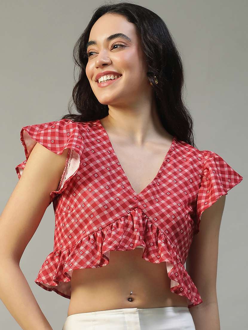 women checkered ruffle sleeve crop top - 22002380 -  Zoom Image - 0