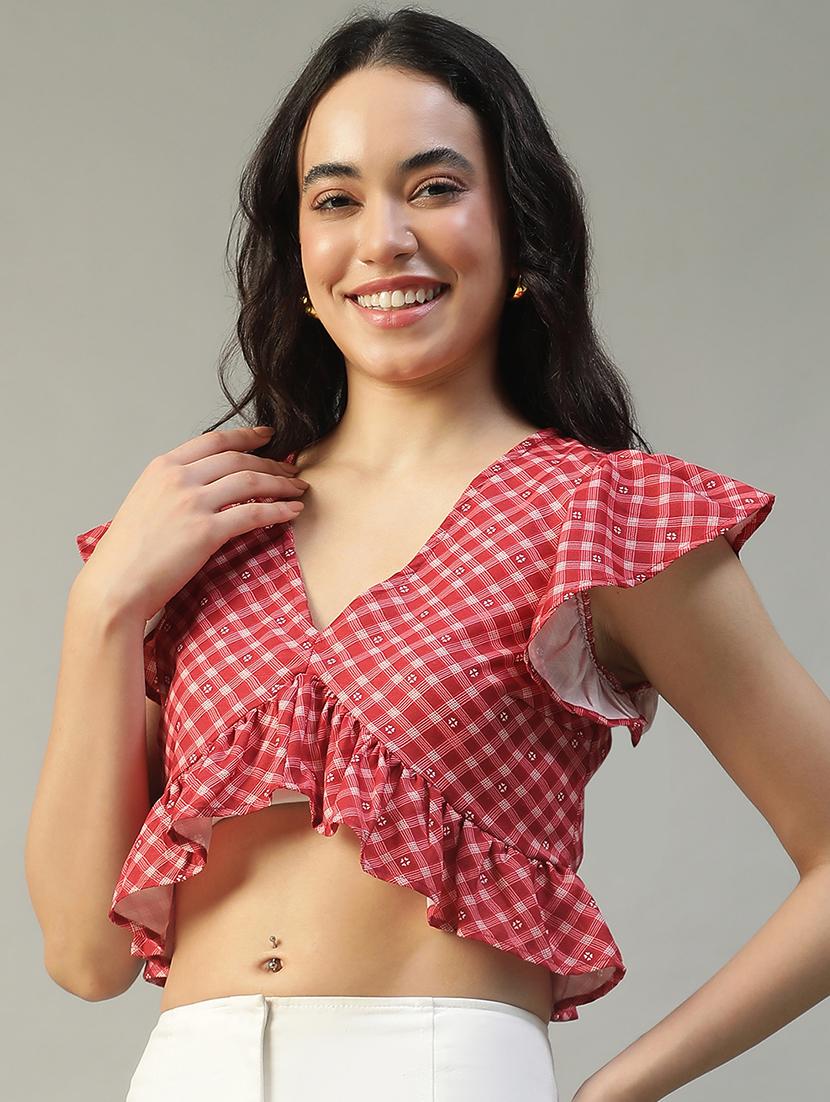 women checkered ruffle sleeve crop top - 22002380 - Standard Image - 1