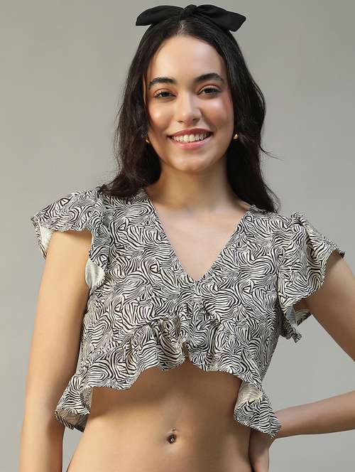 women animal print ruffle sleeve crop top - 22002382 - Standard Image - 0
