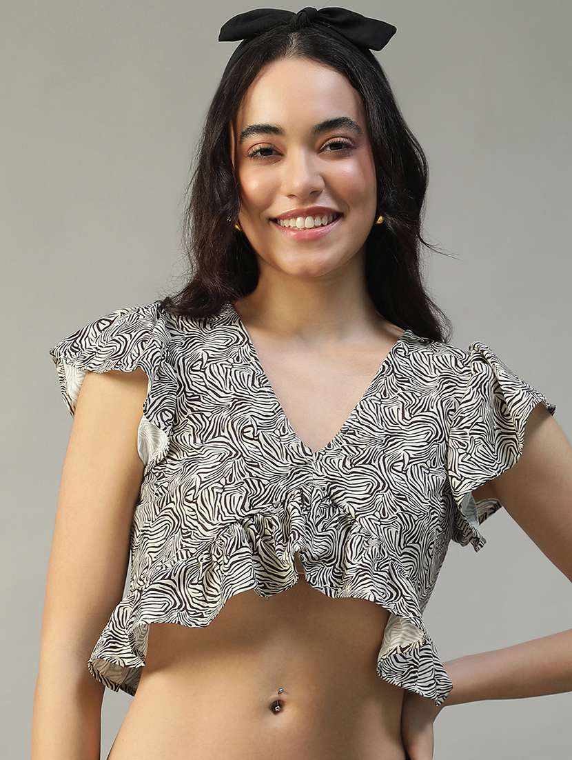women animal print ruffle sleeve crop top - 22002382 - Zoom Image - 0