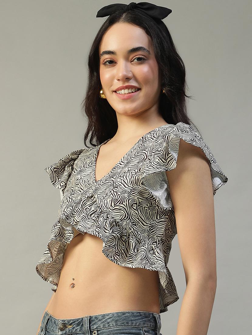 women animal print ruffle sleeve crop top - 22002382 - Standard Image - 1