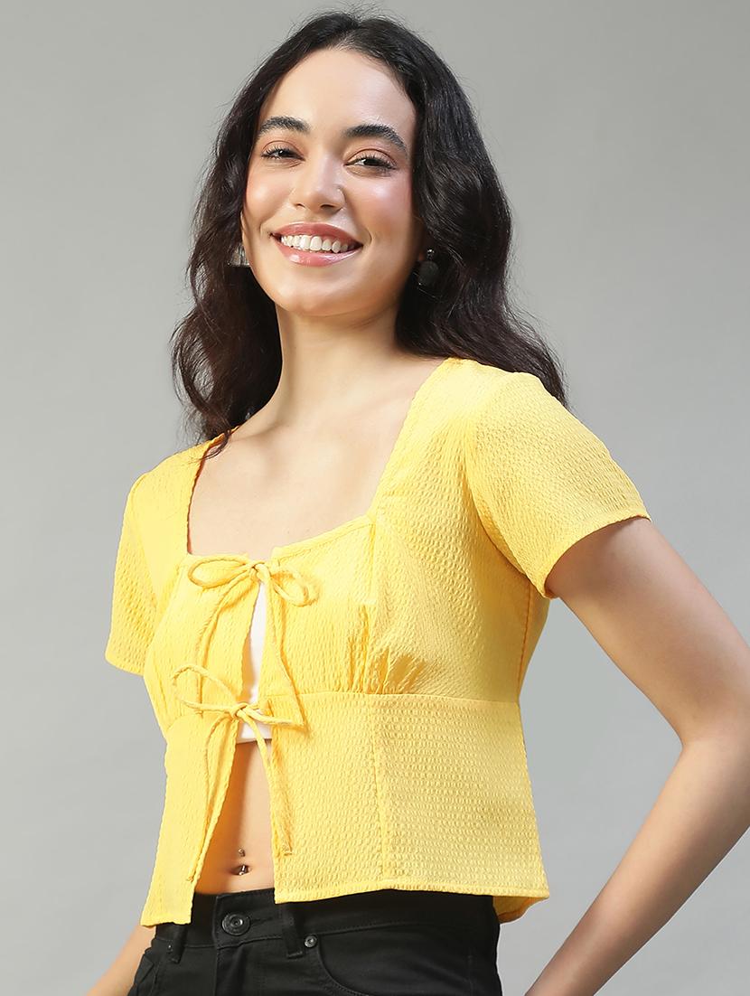 women solid short sleeve tie up crop top - 22002383 -  Standard Image - 1