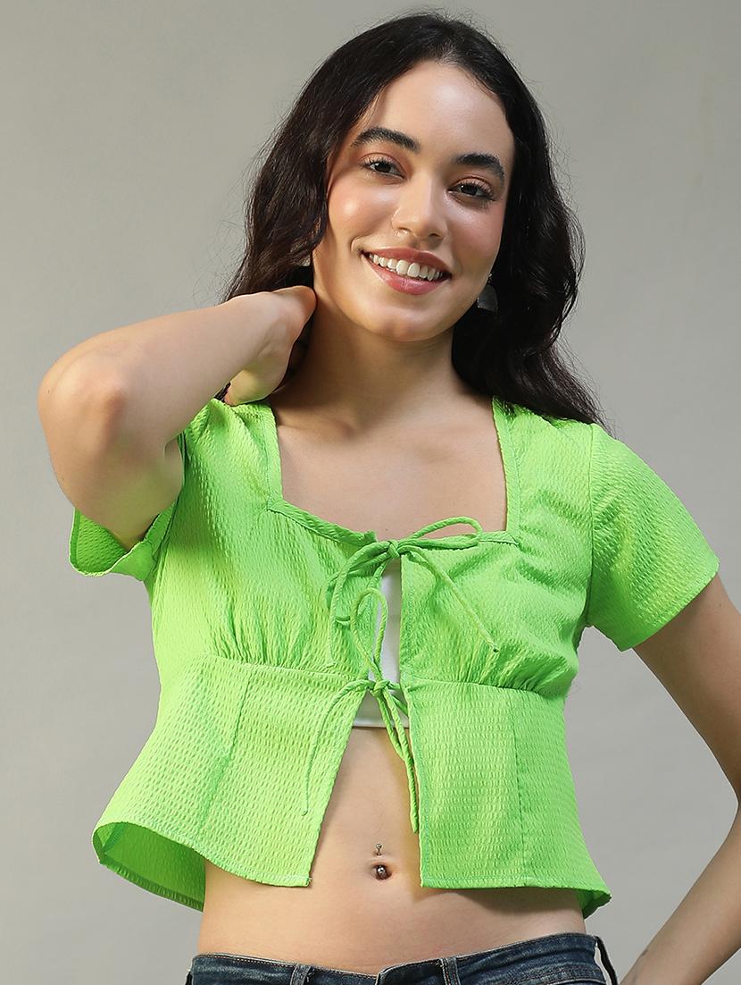 women solid short sleeve tie up crop top - 22002384 -  Zoom Image - 0