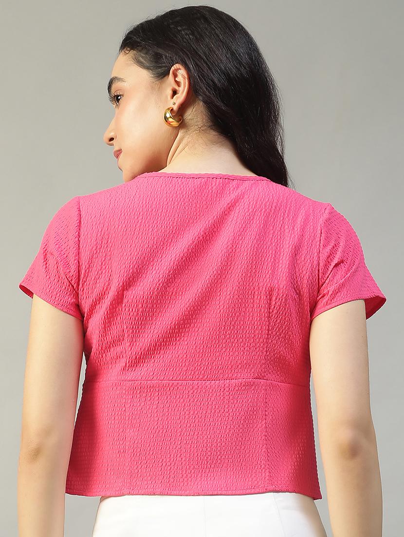 women solid short sleeve tie up crop top - 22002385 - Standard Image - 4
