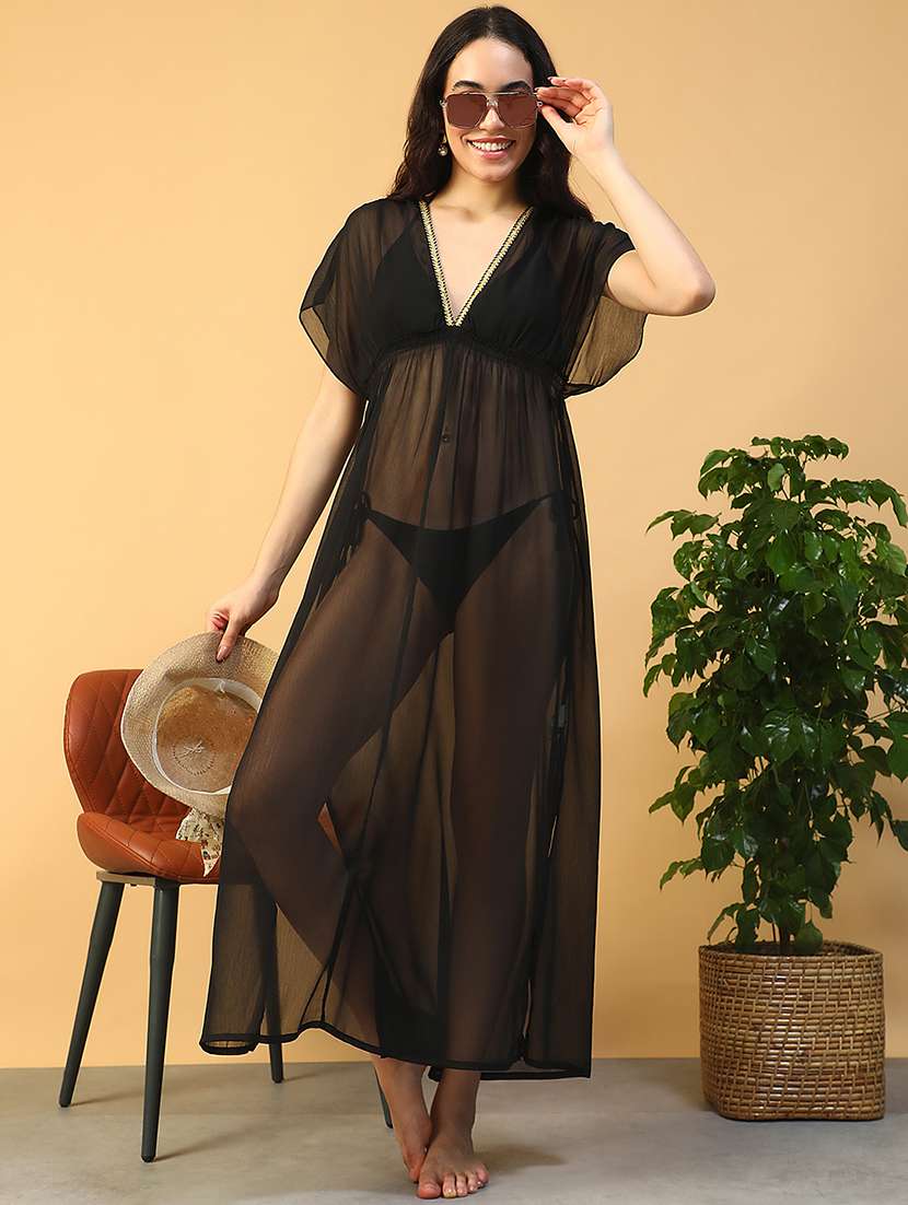 women solid short sleeve coverup dress