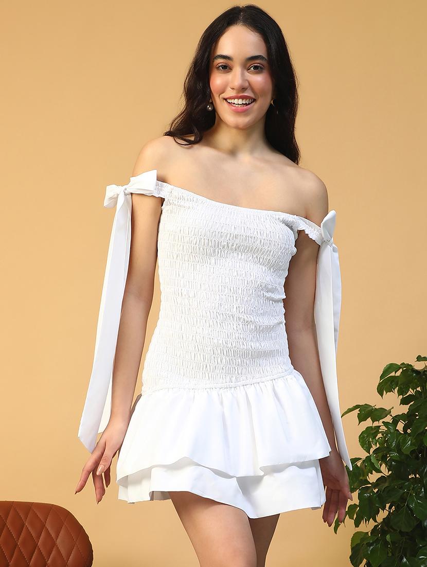 women white solid off shoulder layered dress - 22002391 -  Zoom Image - 0
