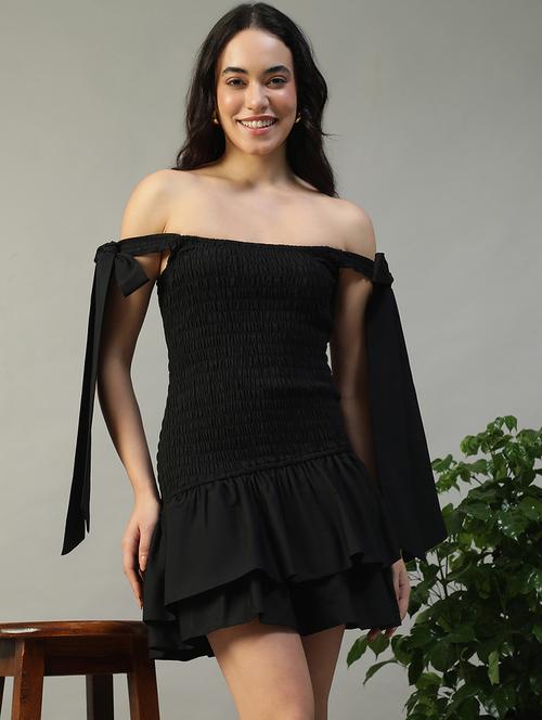 women black solid off shoulder layered dress - 22002393 - Standard Image - 0
