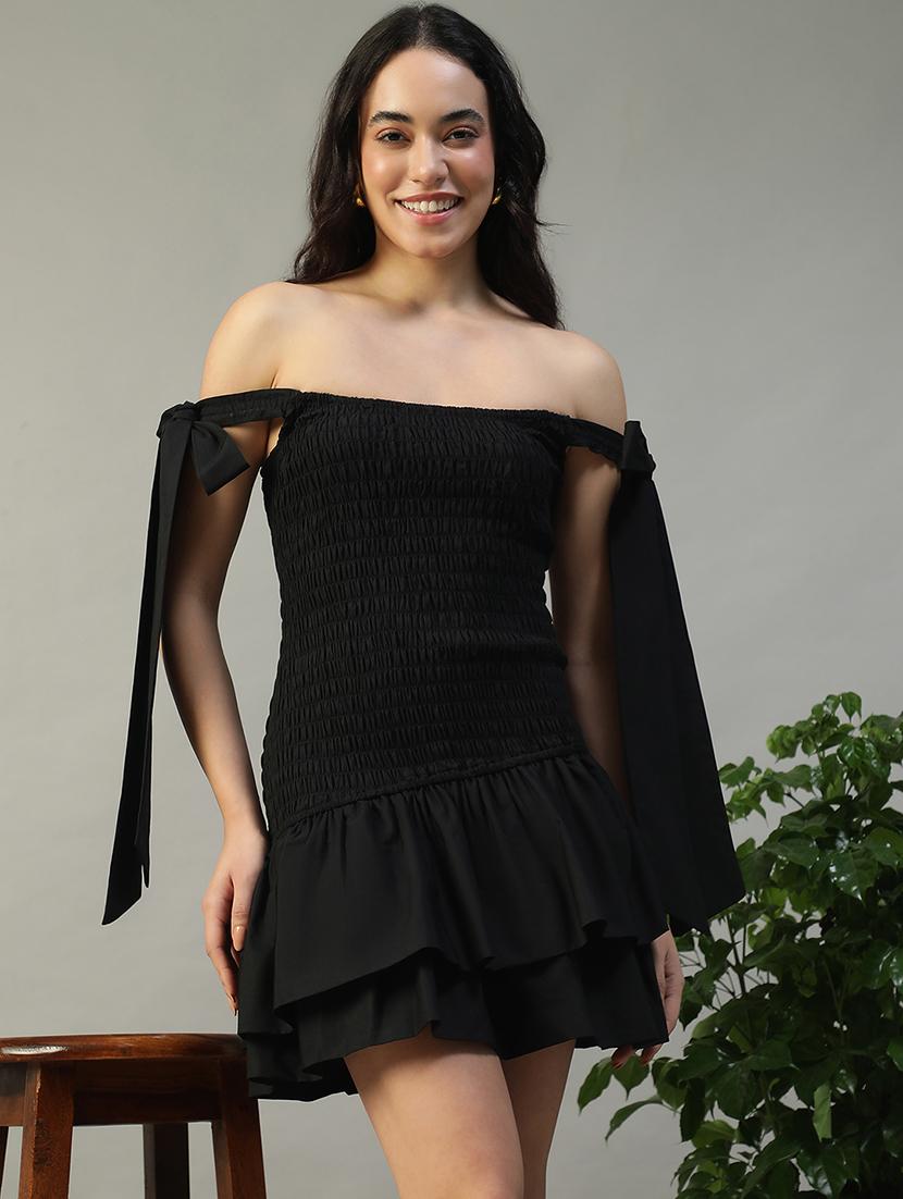 women black solid off shoulder layered dress - 22002393 - Zoom Image - 0