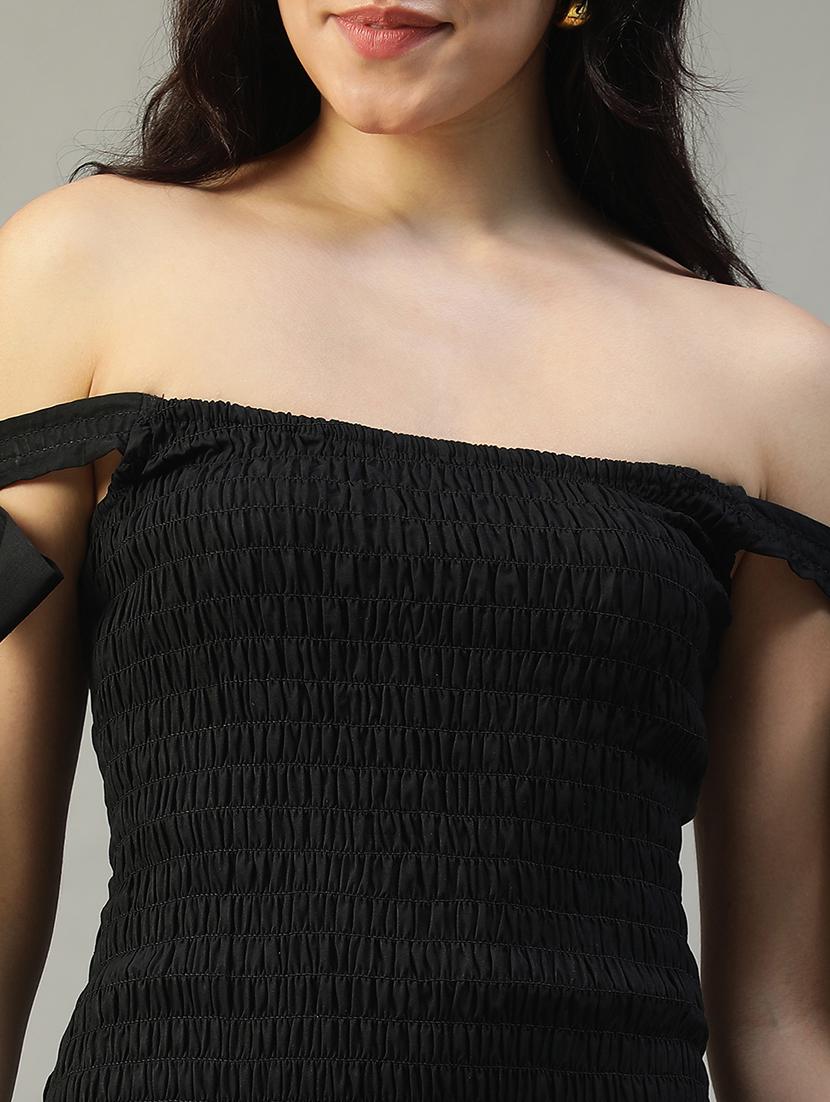 women black solid off shoulder layered dress - 22002393 - Standard Image - 4