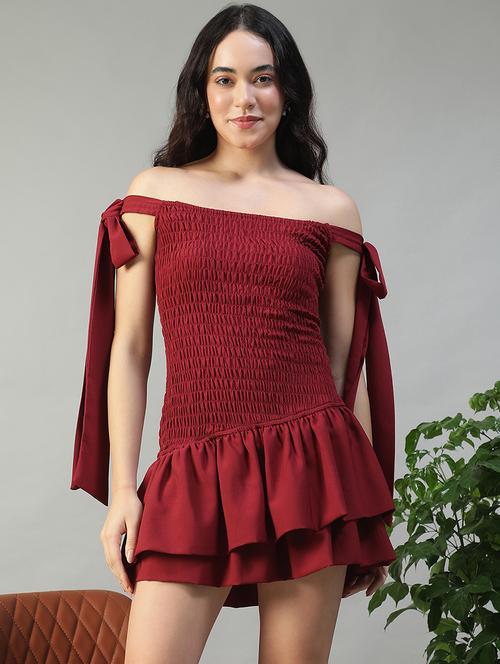 women maroon solid off shoulder layered dress - 22002394 -  Standard Image - 0