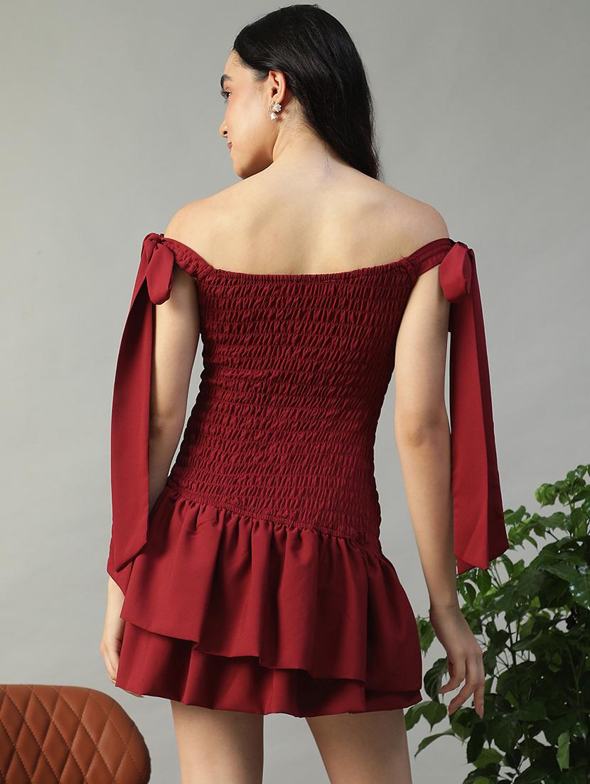 women maroon solid off shoulder layered dress - 22002394 - Standard Image - 4