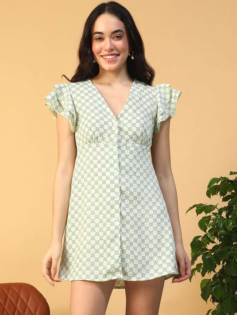 women printed ruffle sleeve backless a-line dress