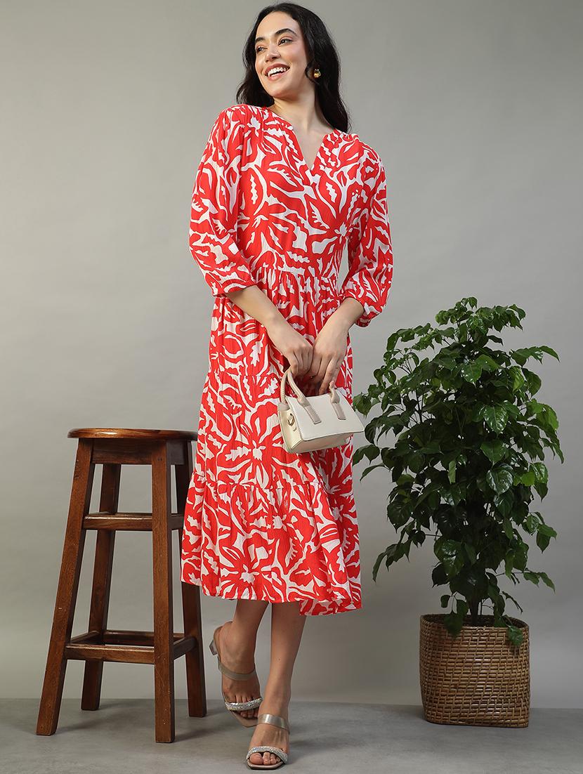 women red printed puff sleeve tiered dress - 22002398 -  Standard Image - 1
