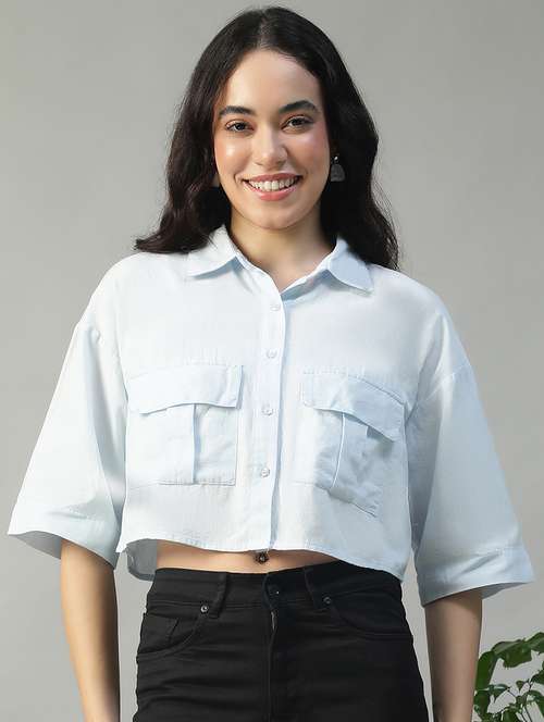 women solid collared short sleeve crop shirt - 22002404 - Standard Image - 0