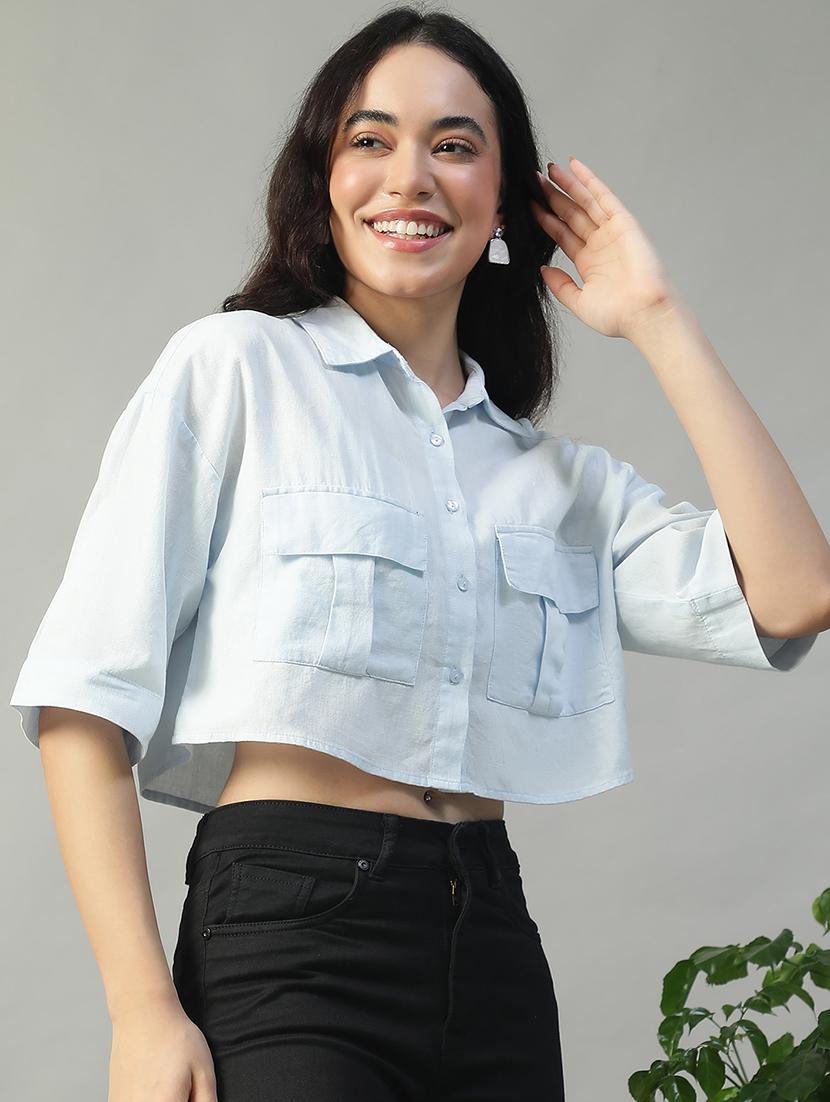 women solid collared short sleeve crop shirt - 22002404 -  Standard Image - 1