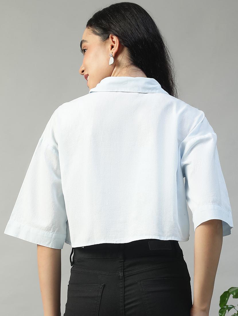 women solid collared short sleeve crop shirt - 22002404 - Standard Image - 4