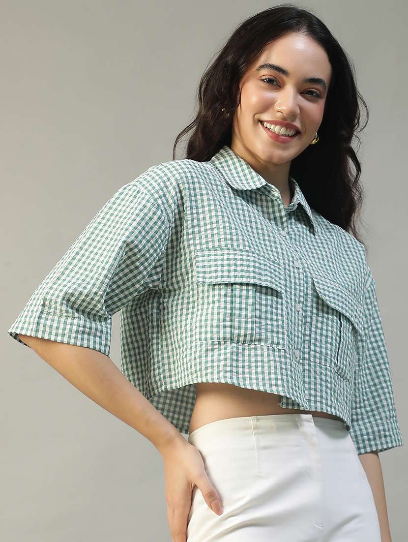 women checkered collared short sleeve crop shirt - 22002405 - Standard Image - 1