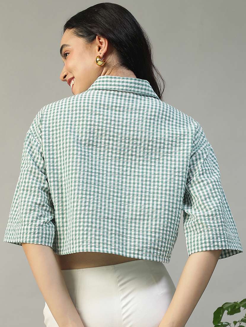 women checkered collared short sleeve crop shirt - 22002405 - Standard Image - 4