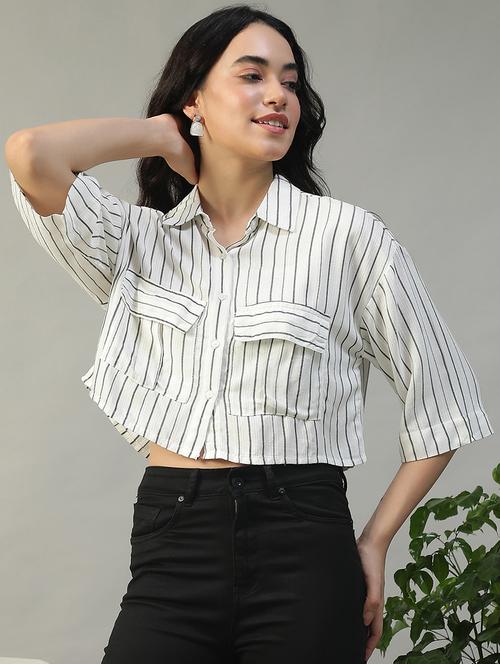 women striped collared short sleeve crop shirt - 22002406 - Standard Image - 0