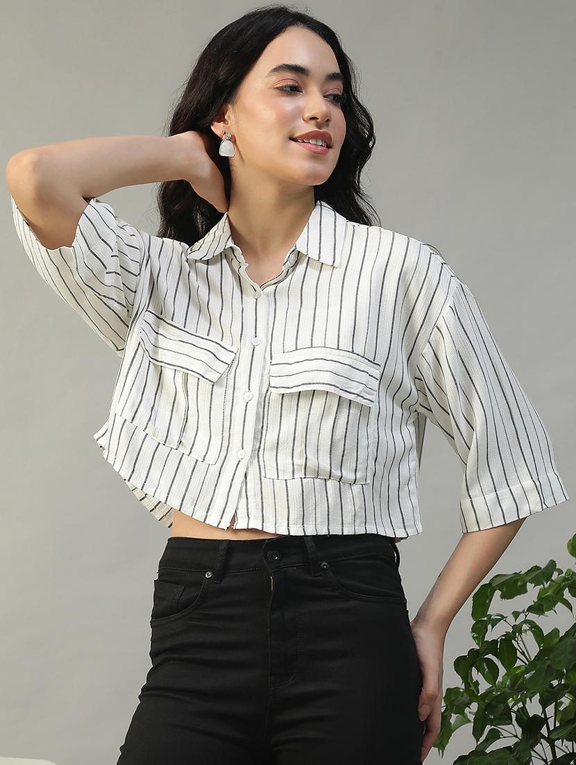 women striped collared short sleeve crop shirt - 22002406 - Zoom Image - 0