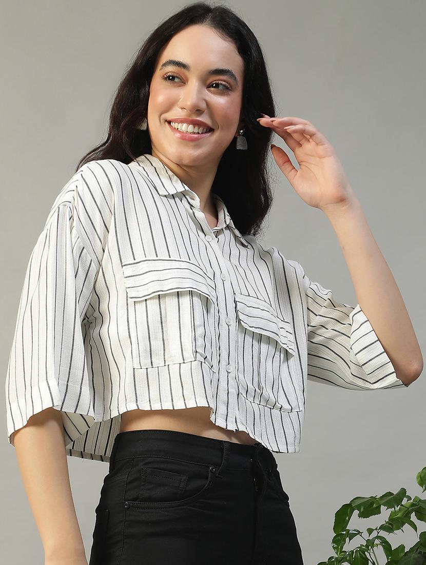women striped collared short sleeve crop shirt - 22002406 - Standard Image - 1
