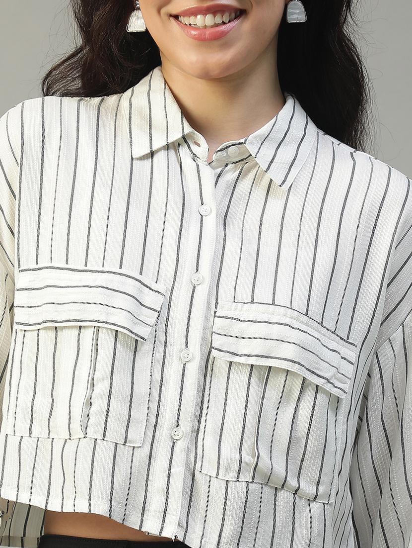 women striped collared short sleeve crop shirt - 22002406 - Standard Image - 4