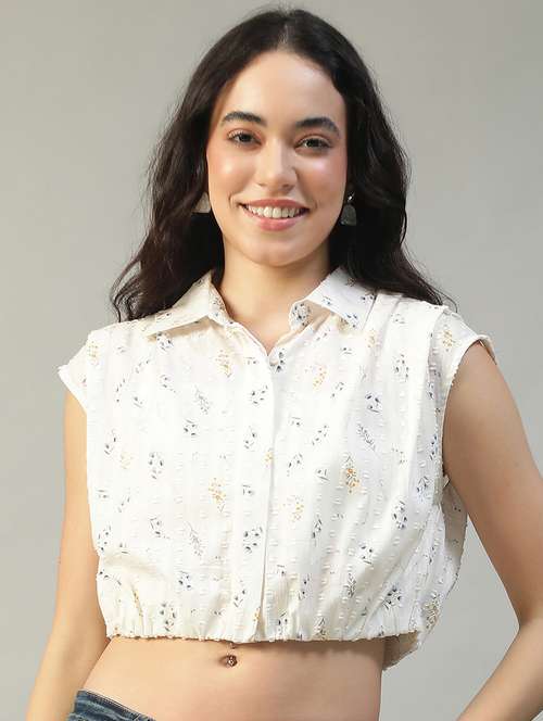 women printed collared sleeveless crop shirt - 22002407 - Standard Image - 0
