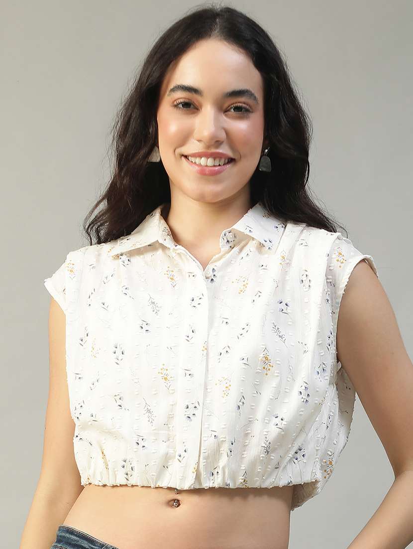 women printed collared sleeveless crop shirt - 22002407 - Zoom Image - 0