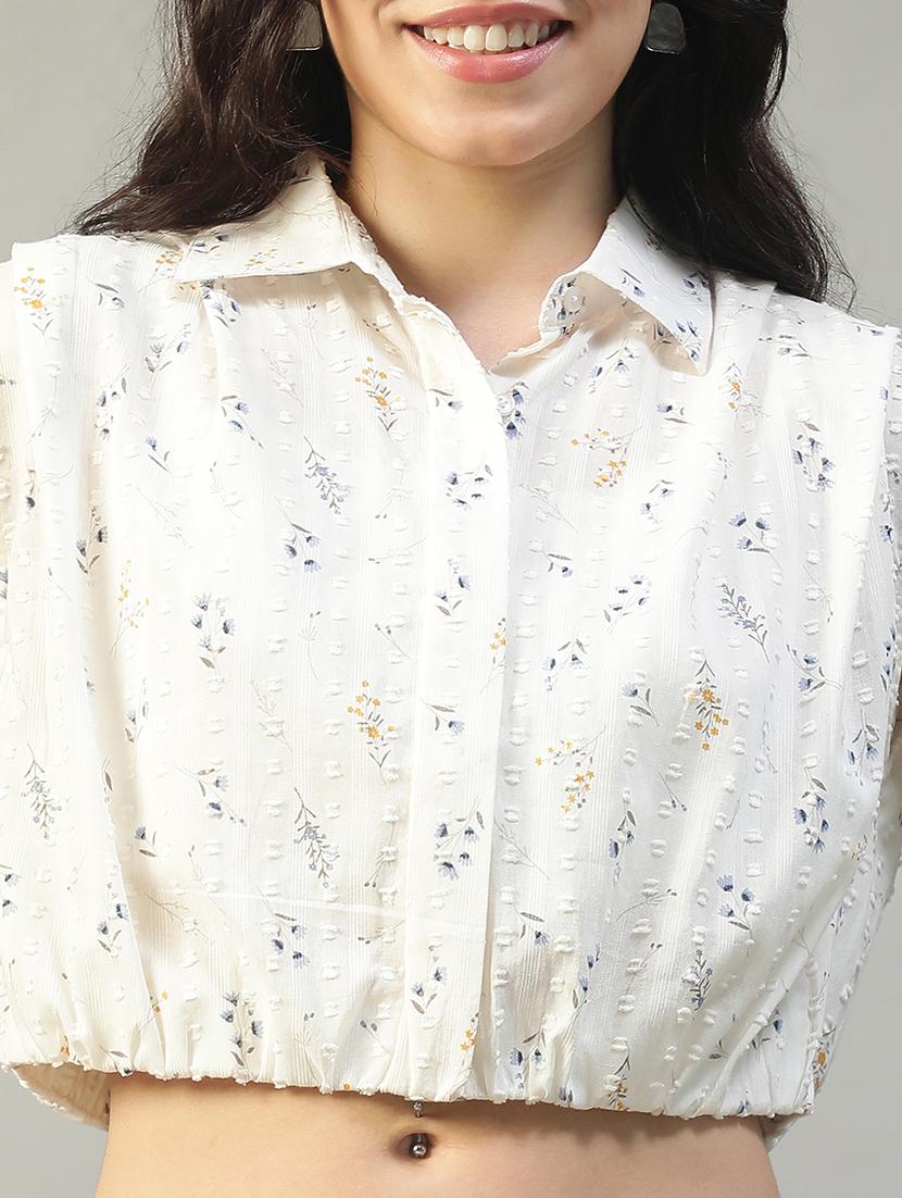 women printed collared sleeveless crop shirt - 22002407 - Standard Image - 1