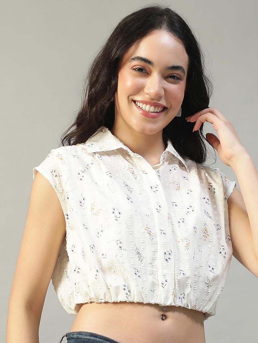 women printed collared sleeveless crop shirt - 22002407 - Standard Image - 4