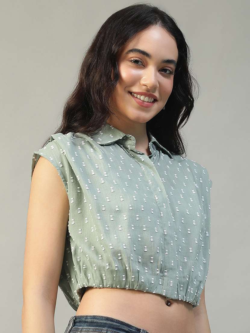 women collared sleeveless crop shirt - 22002408 -  Standard Image - 1