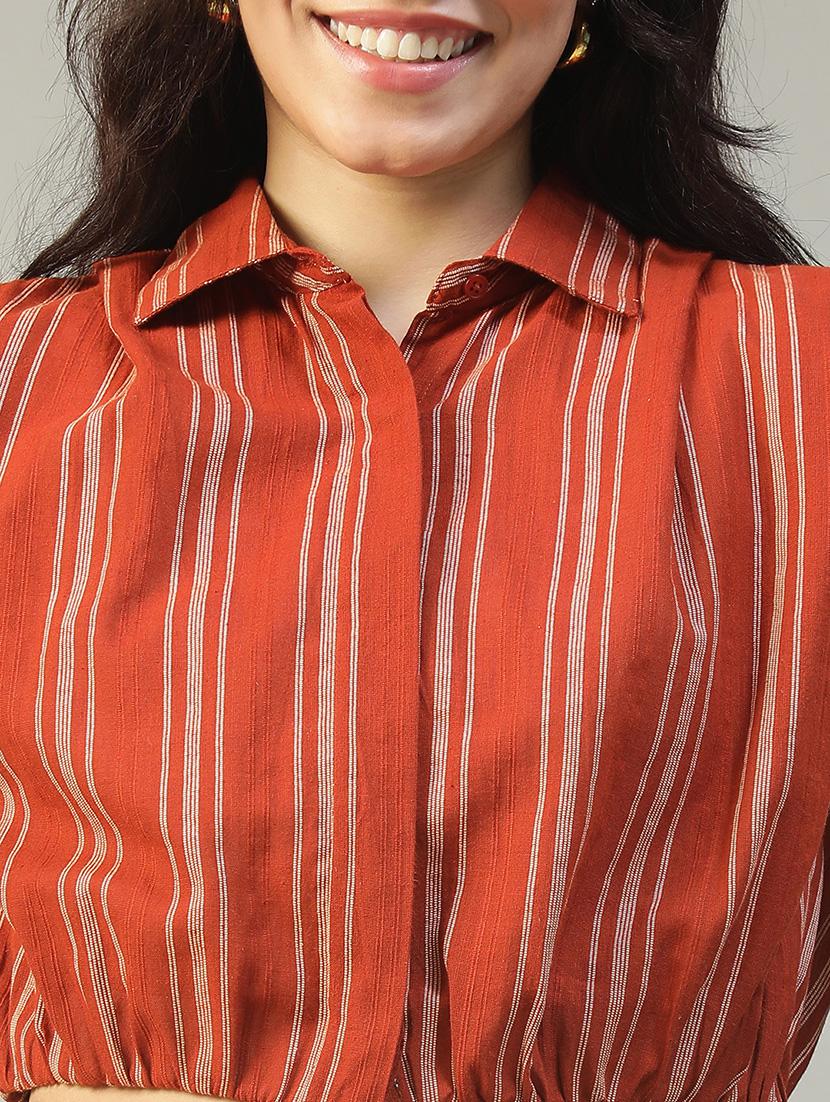women striped collared sleeveless crop shirt - 22002409 - Standard Image - 4