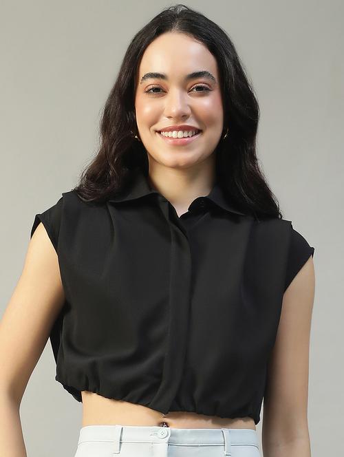 women solid collared sleeveless crop shirt - 22002410 - Standard Image - 0