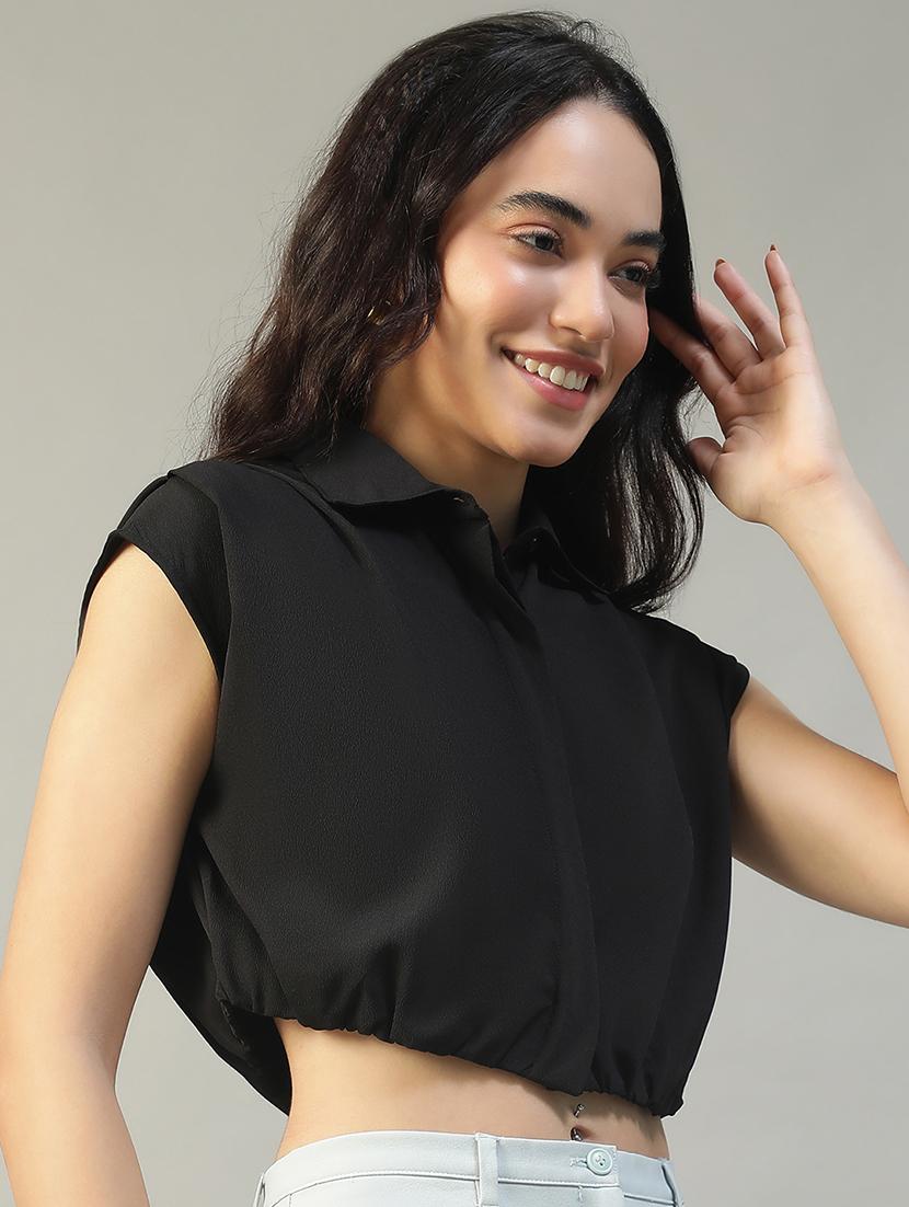 women solid collared sleeveless crop shirt - 22002410 - Standard Image - 1