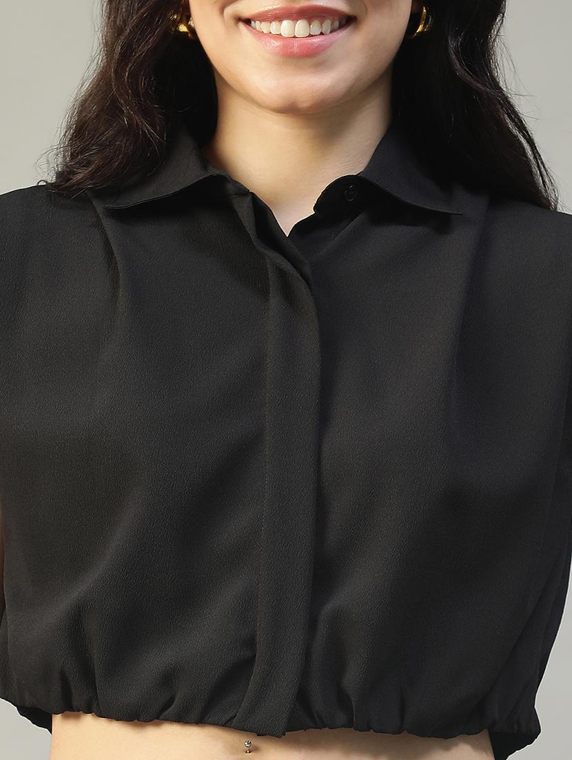 women solid collared sleeveless crop shirt - 22002410 - Standard Image - 4
