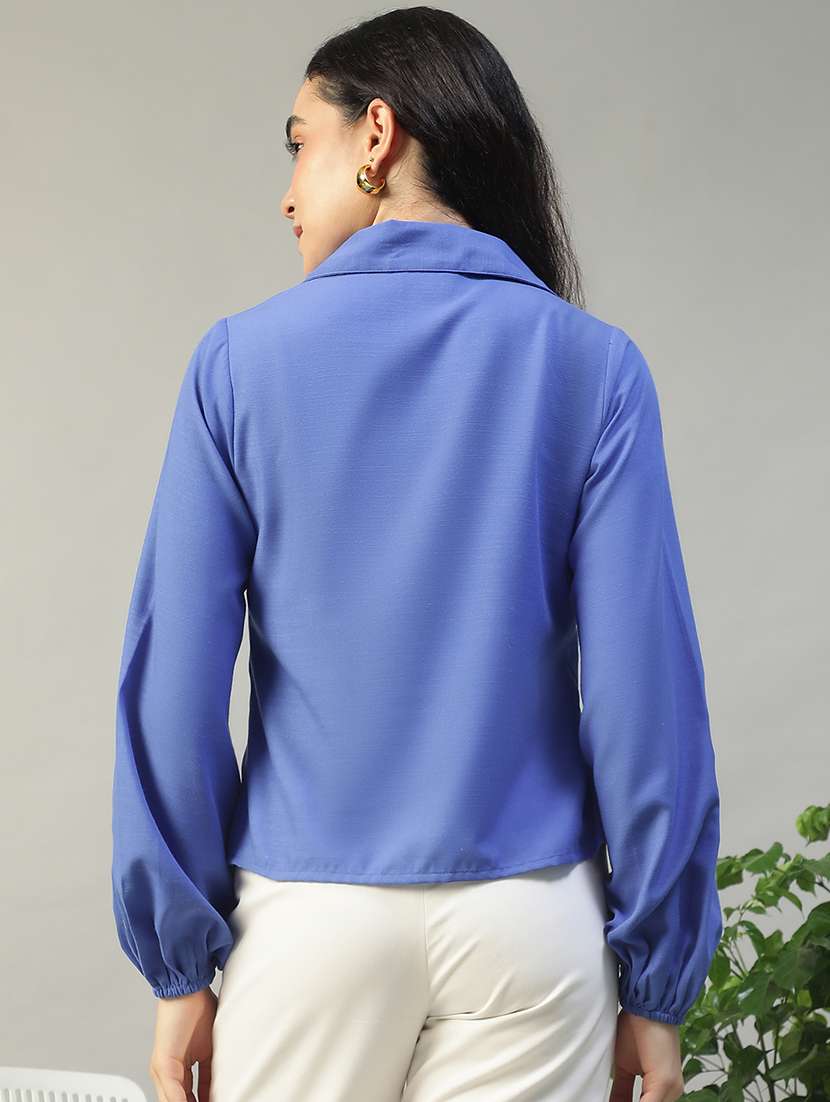 women blue solid puff sleeve regular shirt - 22002411 - Standard Image - 4