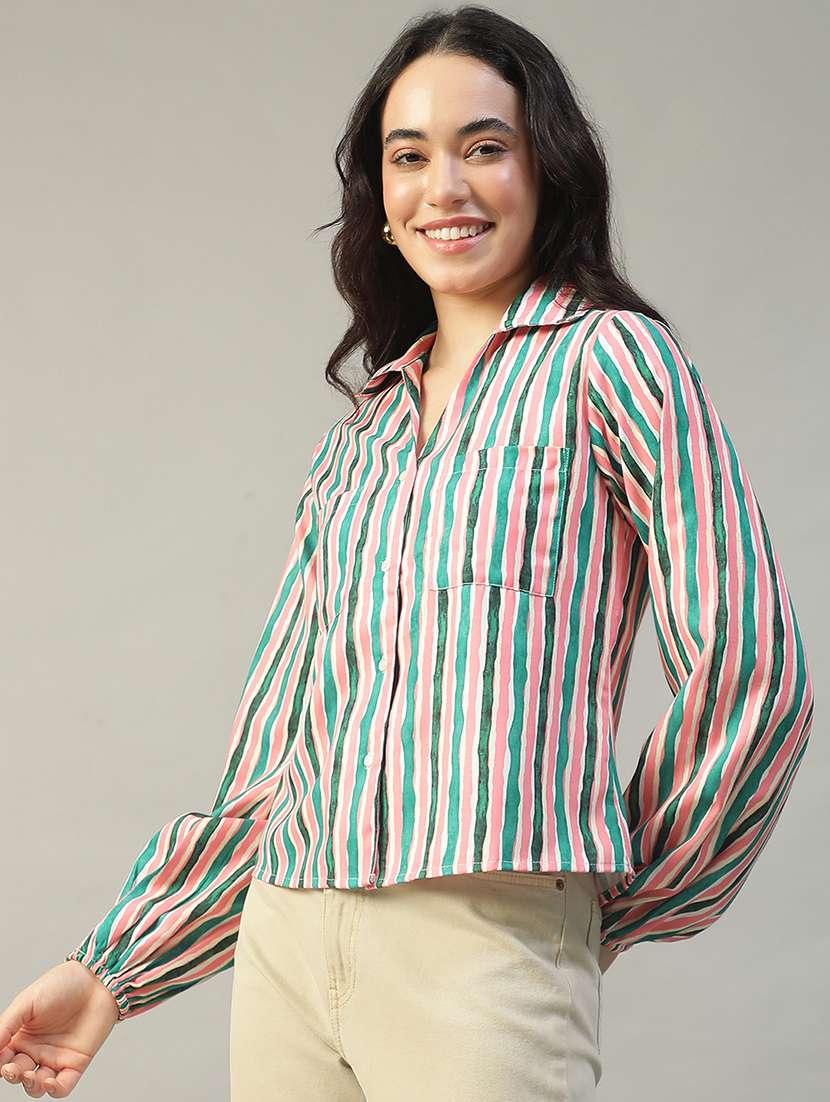 women striped collared puff sleeve regular shirt - 22002413 -  Standard Image - 1