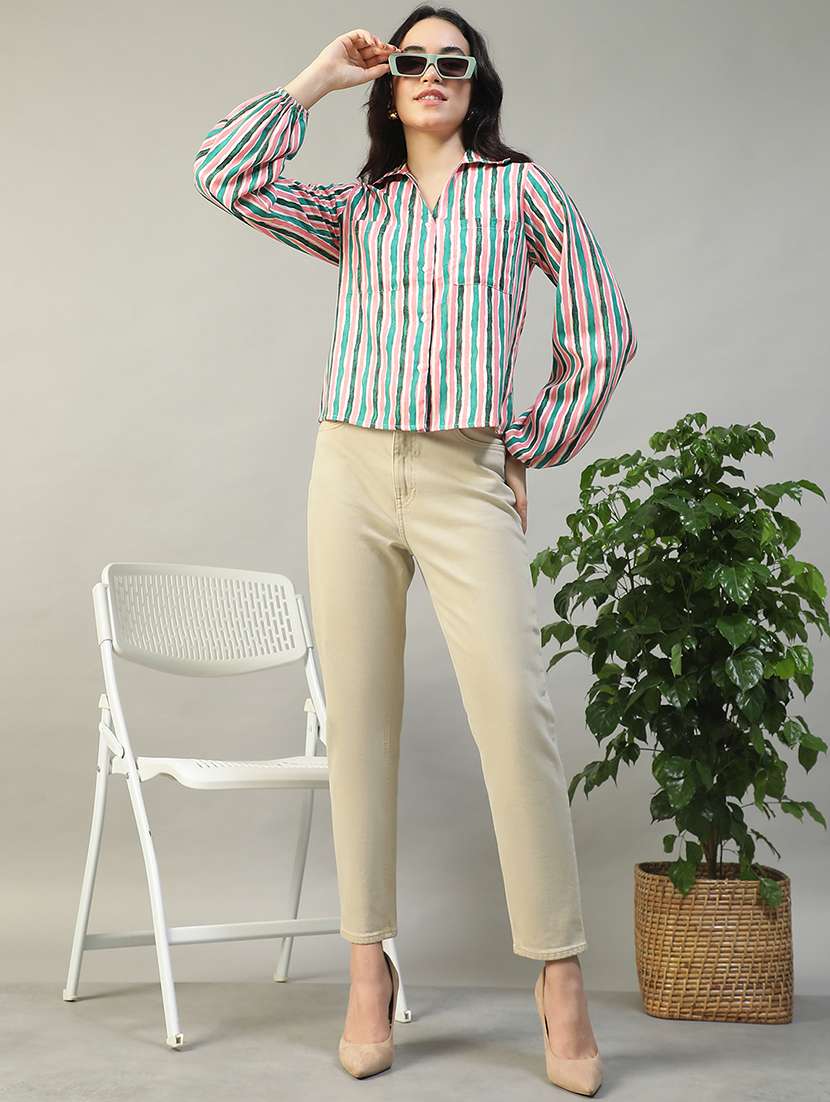 women striped collared puff sleeve regular shirt - 22002413 -  Standard Image - 4