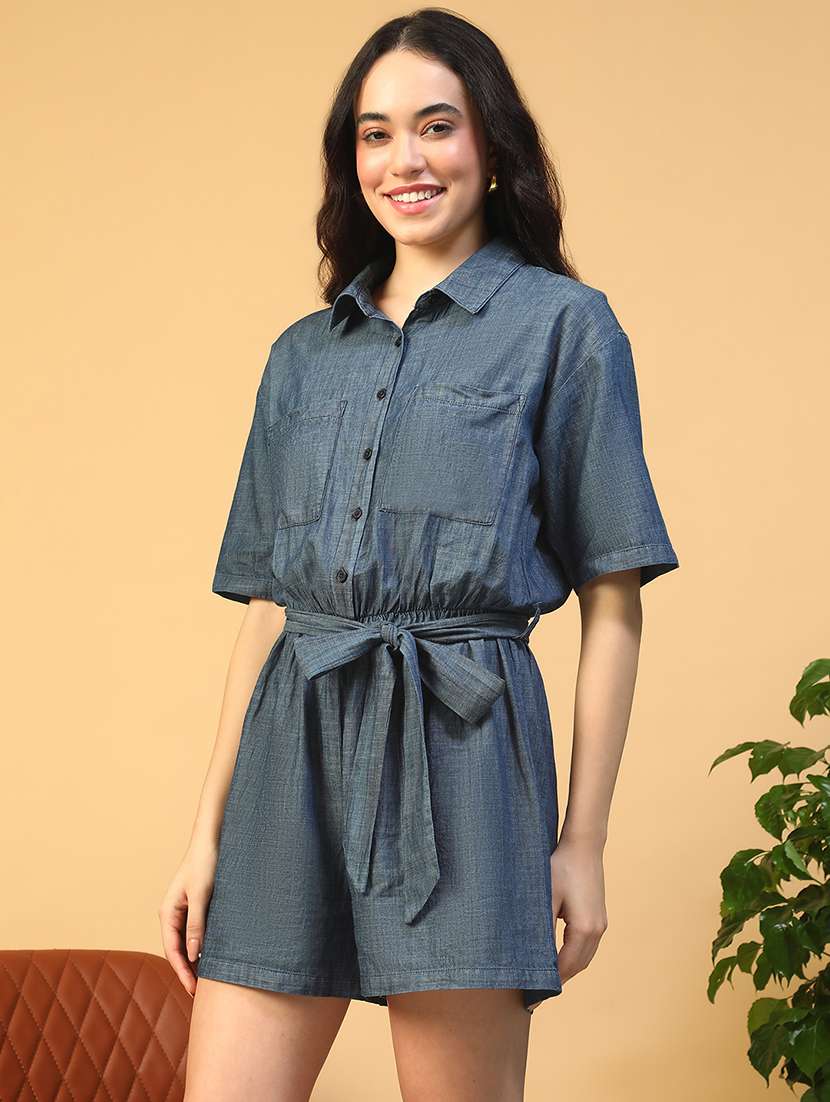 women solid collared short sleeve romper - 22002414 -  Standard Image - 1