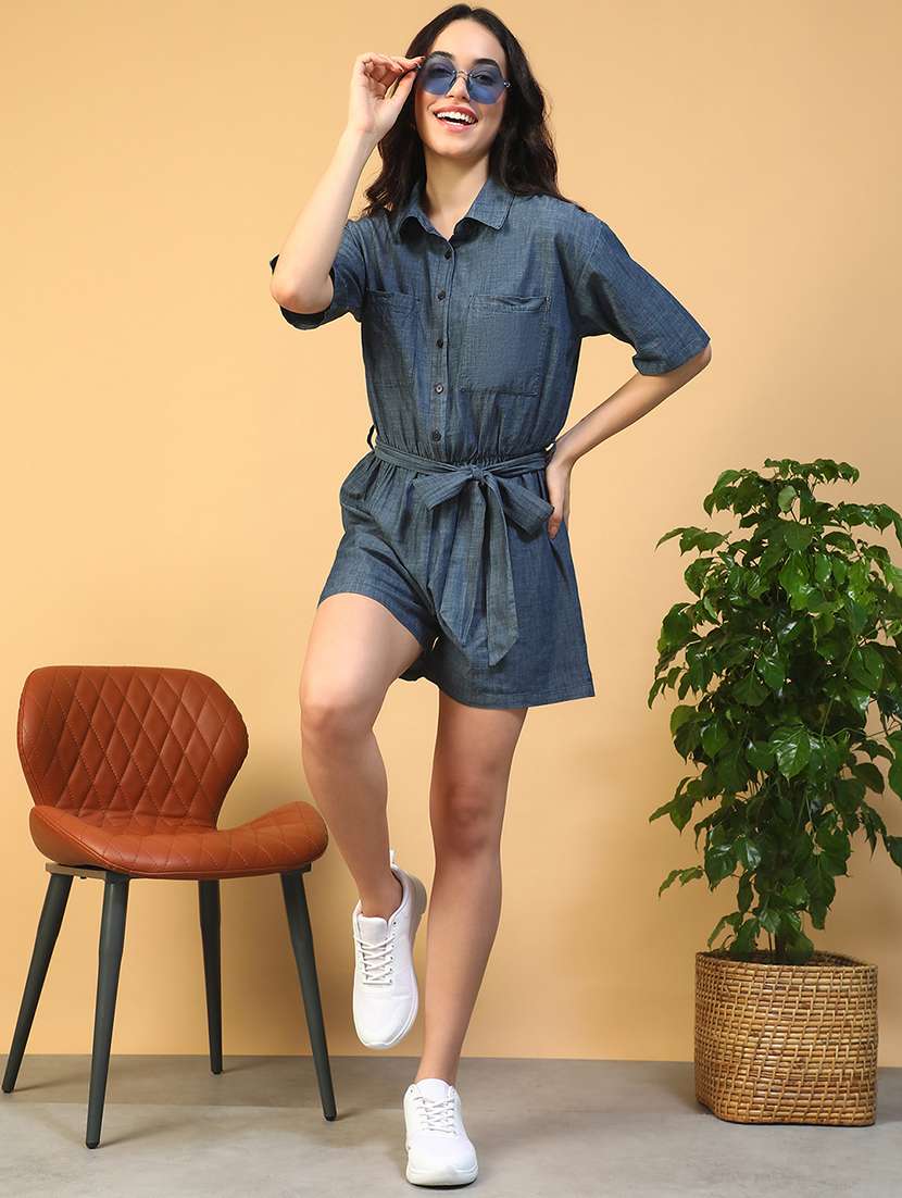 women solid collared short sleeve romper - 22002414 -  Standard Image - 4