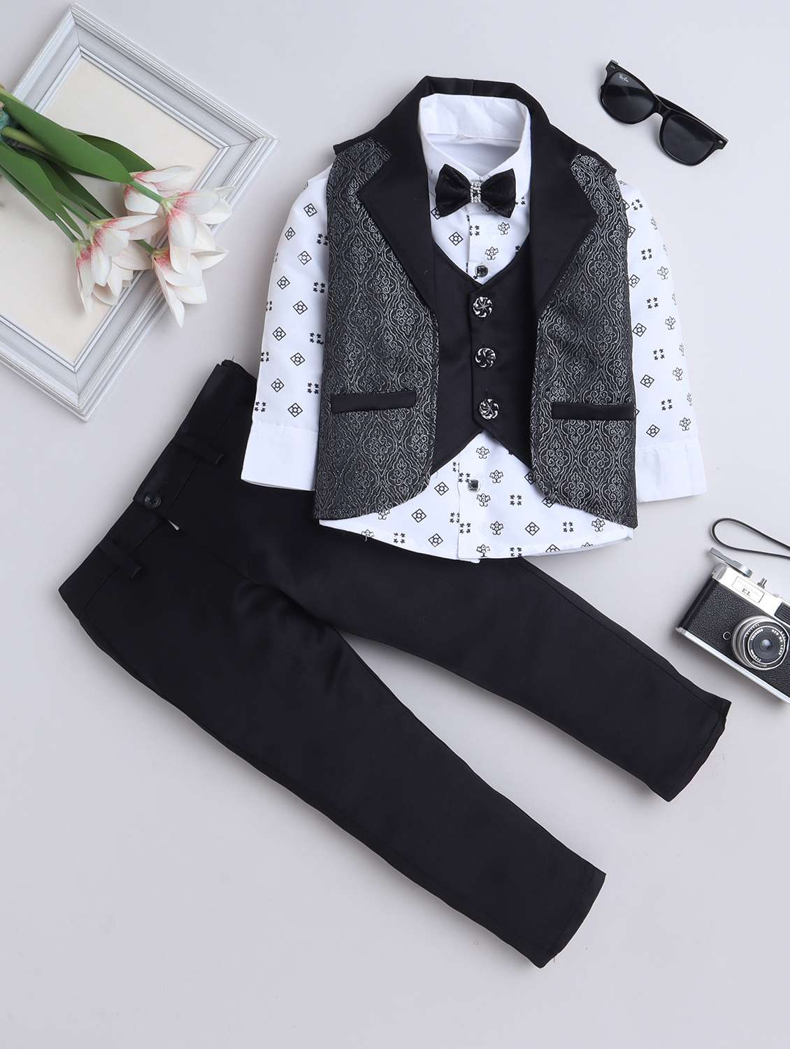 boys printed shirt and trouser with waistcoat