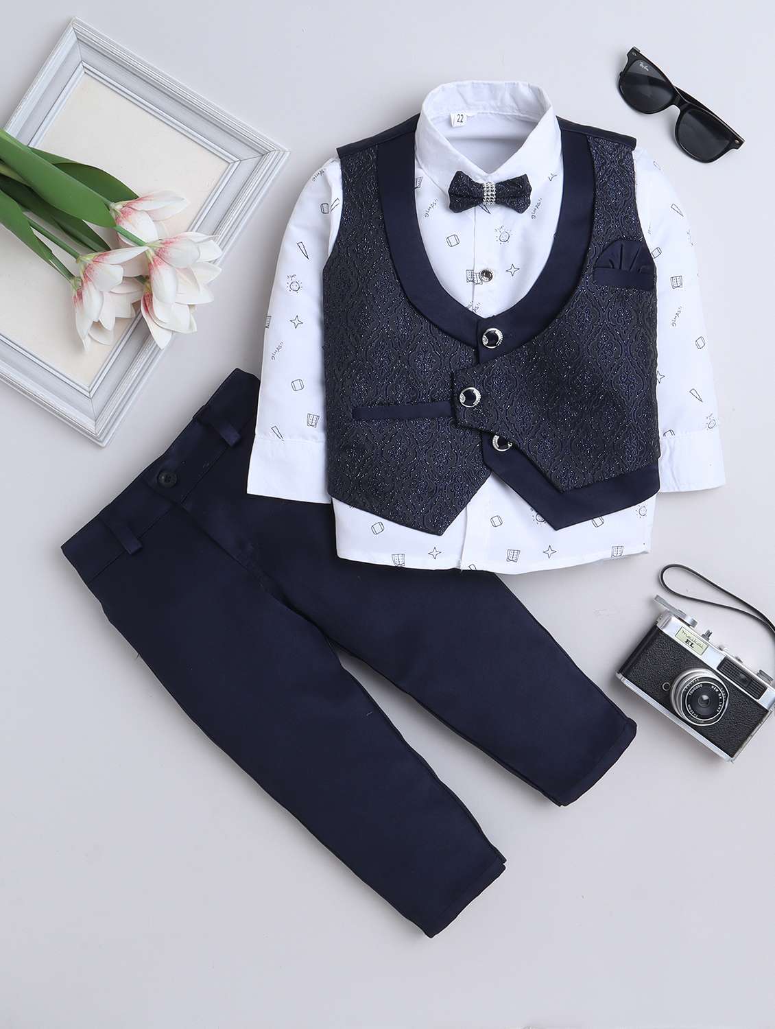 boys printed shirt and trouser with waistcoat
